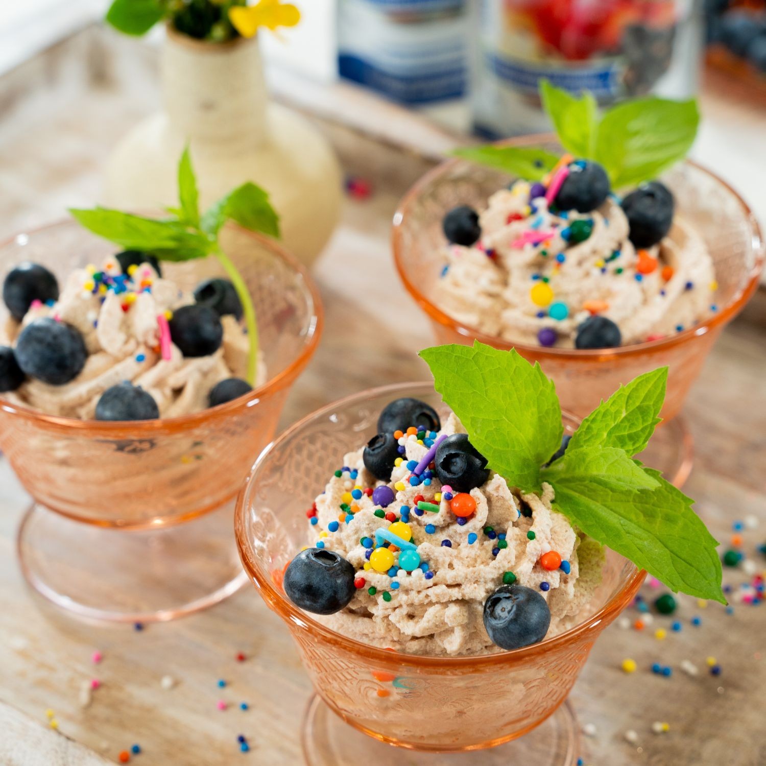 Light mousse with apple & blackcurrant purée